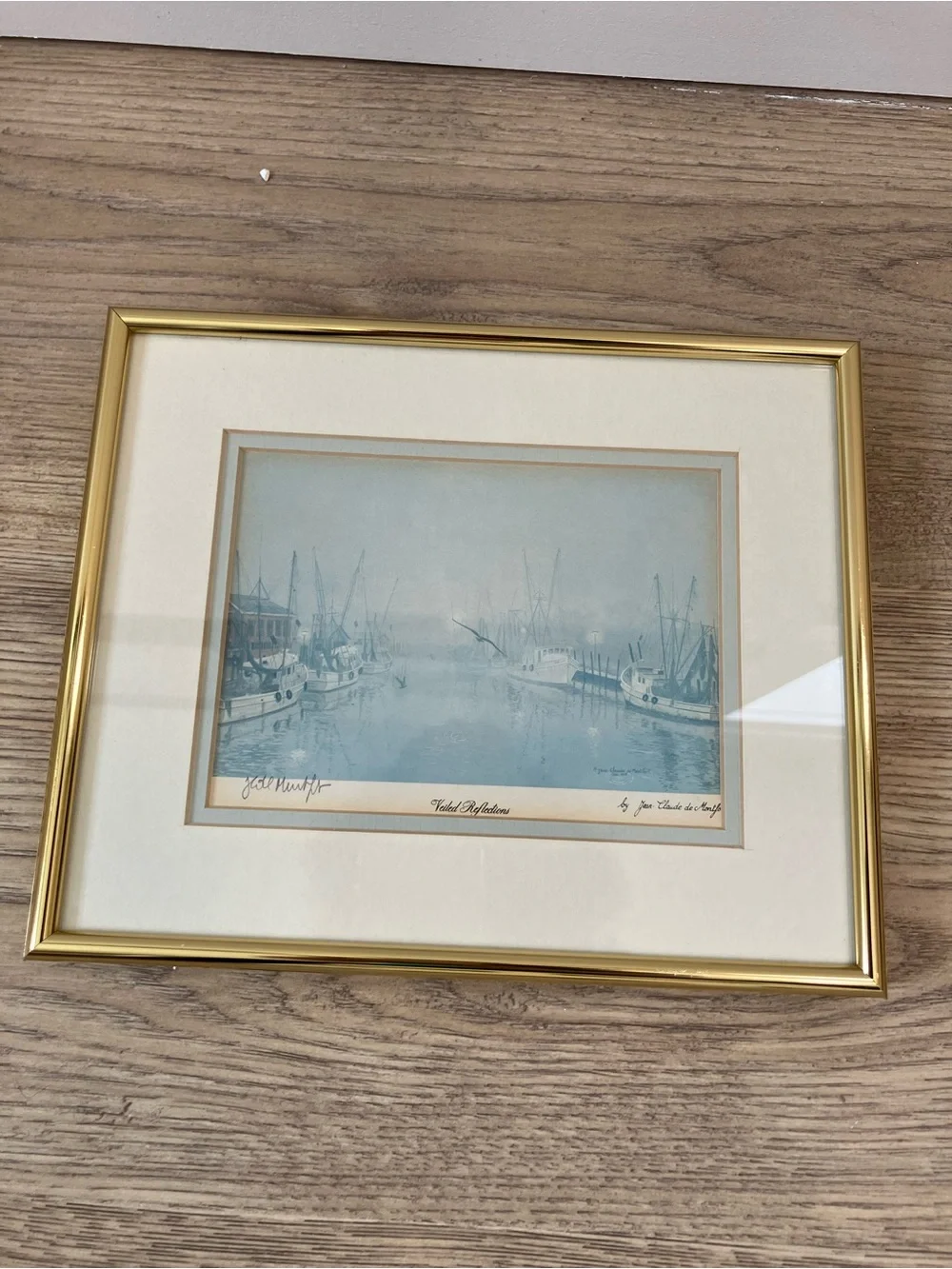 Jean Claude de Montfort Gold Frame Blue Nautical Print signed Wall Art
